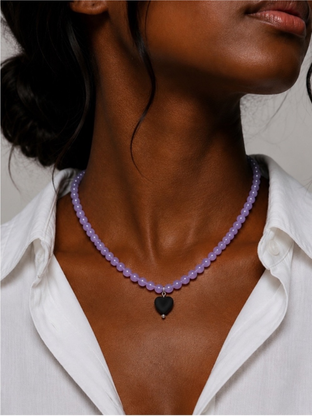 New! Preppy Y2K Colorful Purple Beaded Black Heart Necklace NWOT 4023
